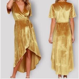 NWT Lulus Amour Golden Yellow Velvet High-Low Wrap Dress sz XS